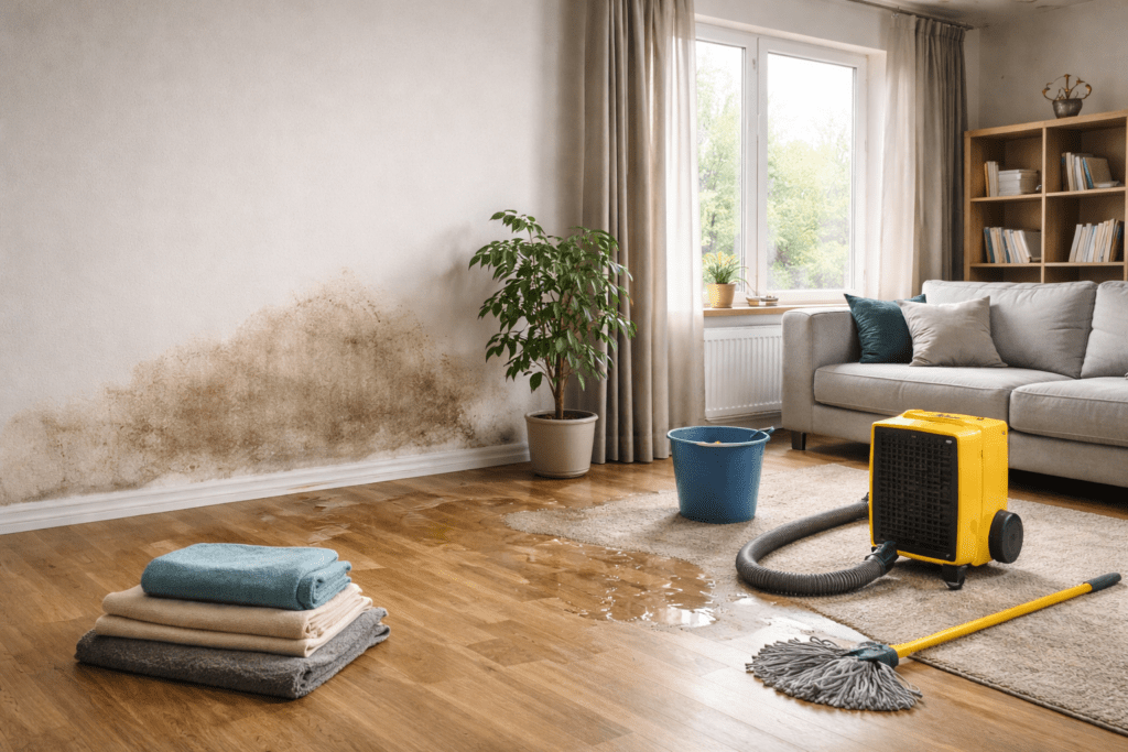 Wasserschaden im Wohnzimmer mit Feuchtigkeitsfleck an der Wand und Bautrockner einer Trocknungsfirma